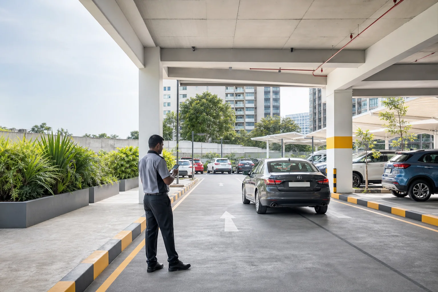 Parking attendant managing vehicles at a property