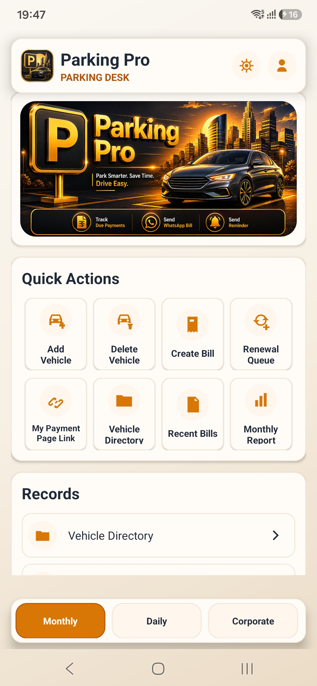 Parking Pro Android app showing monthly vehicle, billing and renewal tools